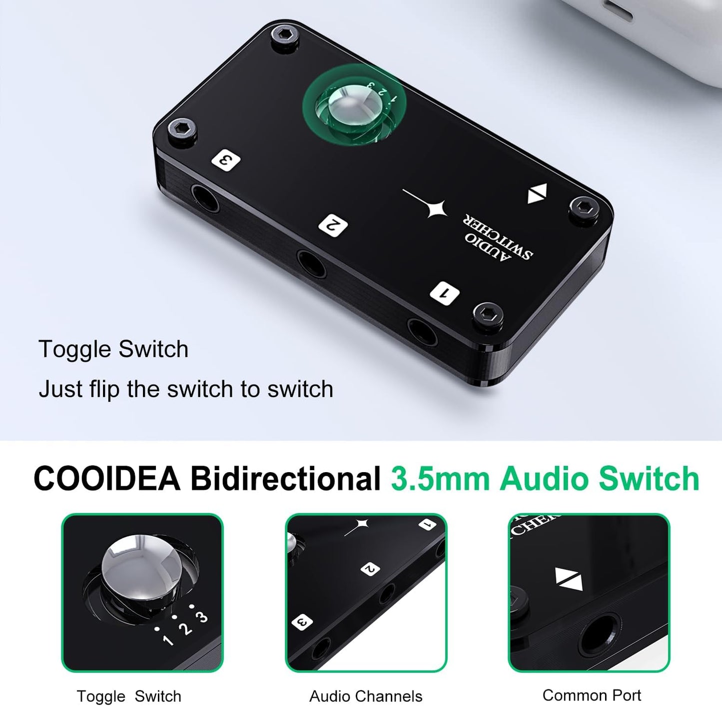cooidea 3.5mm 1 3 3 1 3.5mm 3 Stereo Audio Switcher Support in Out or in Out with Audio Cable, Ports AUX Audio Speaker