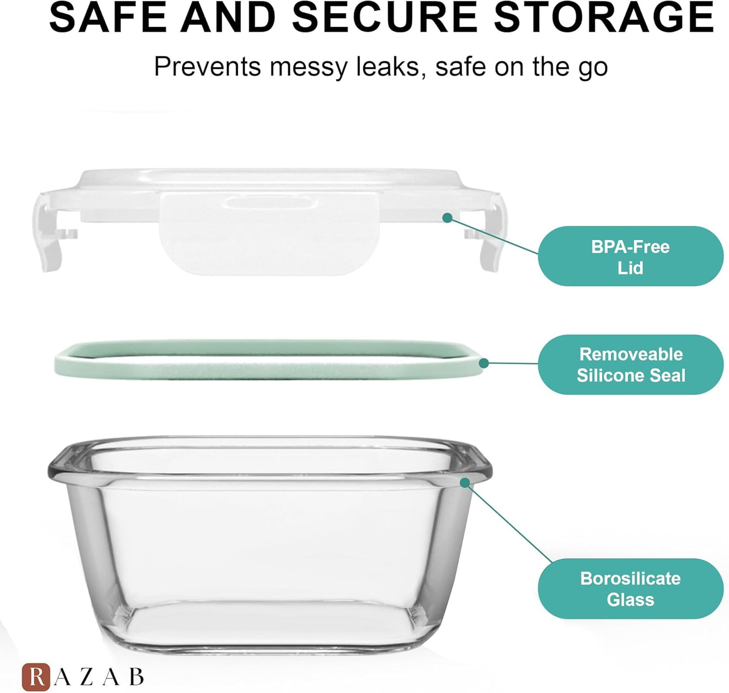 Razab Glass Food Storage Containers Set - 6 PC Airtight Meal Prep Containers | 74, 40 & 18 oz, Freezer Safe