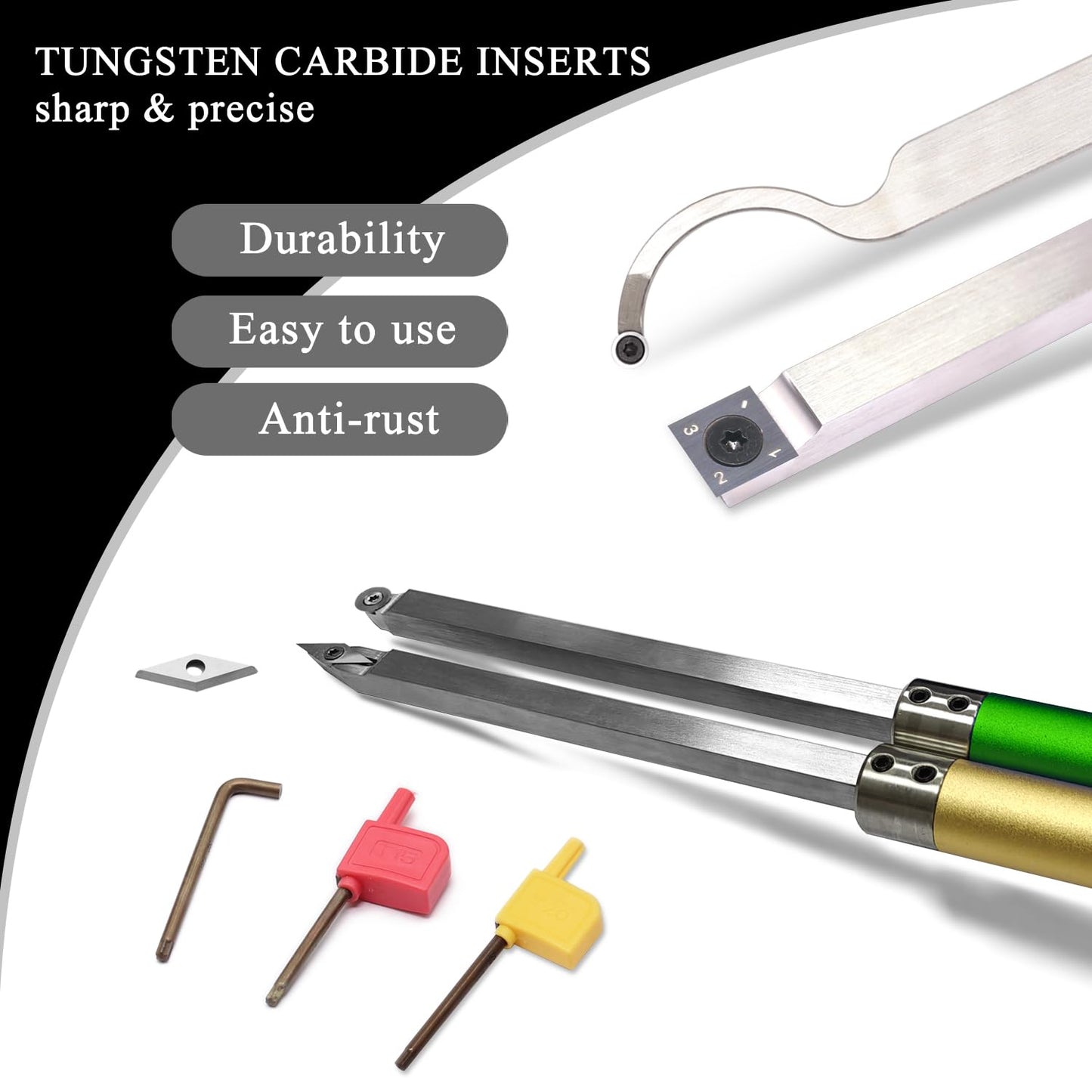 Carbide Tipped Woodturning Tools DW-6 Mid Size Carbide Wood Lathe Tools 4pcs Hollower Rougher Detailer Finisher Made of Stainless Steel and 2pcs aluminium alloy Handle and 5pcs matched Carbide Cutters