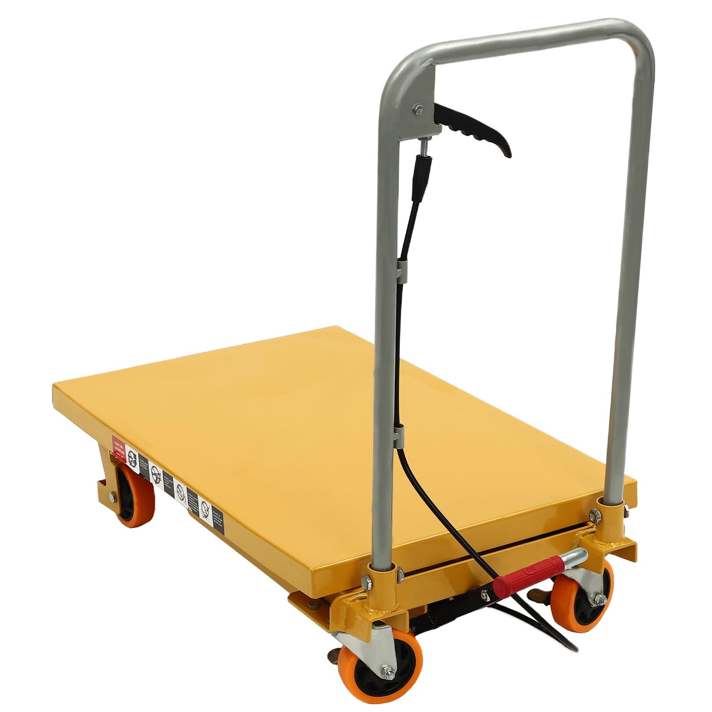 Hydraulic Lift Table Cart 500 lbs Load Capacity Manual Hydraulic Single Scissor Cart with Wide Deck, 4 Locking Wheels for Material Handling & Transportation (Yellow)
