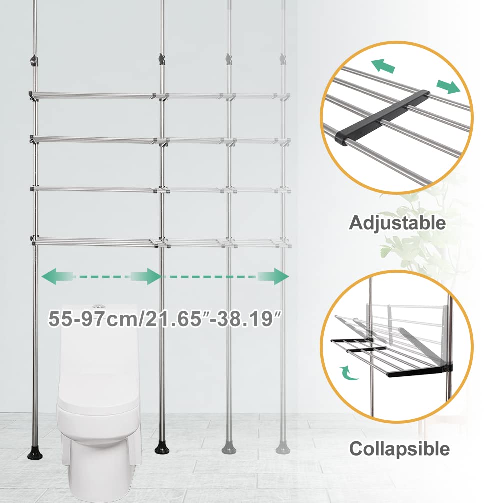 BAOYOUNI 4-Tier Expandable Laundry Shelf Over Toilet Washer Dryer Storage Rack Floor to Ceiling Bathroom Organizer Space Saver Tension Pole for Small Spaces, Black