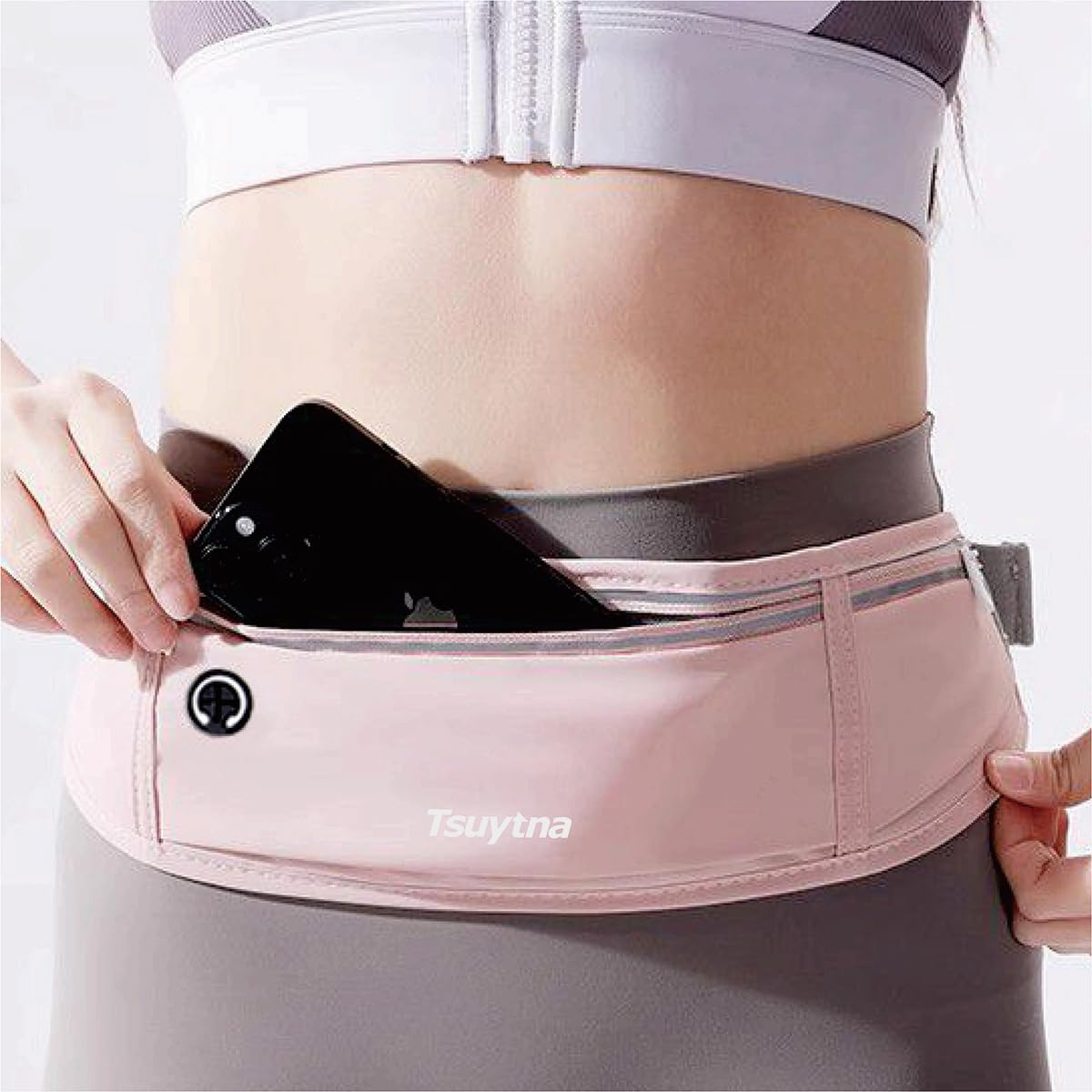 TSUYTNA Running Belt for Women & Men - Slim Phone running belt with Water-Resistant Phone Holder, 3 pockets Adjustable Waist Strap, Reflective Safety Design for Running, Hiking, Travel，Fitness (Pink)