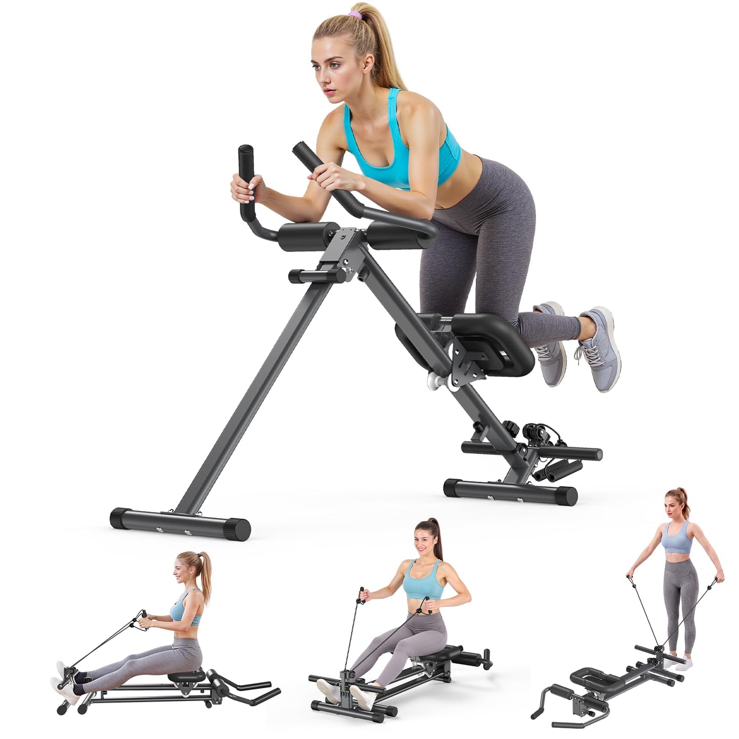 Ab Machine and Rowing Machine, 4 in 1 Rowing Machines for Home with 2 Adjustable Inclined Angles,Foldable Rower Machine with 7 Adjustable Handle Heights,260 LBS Black