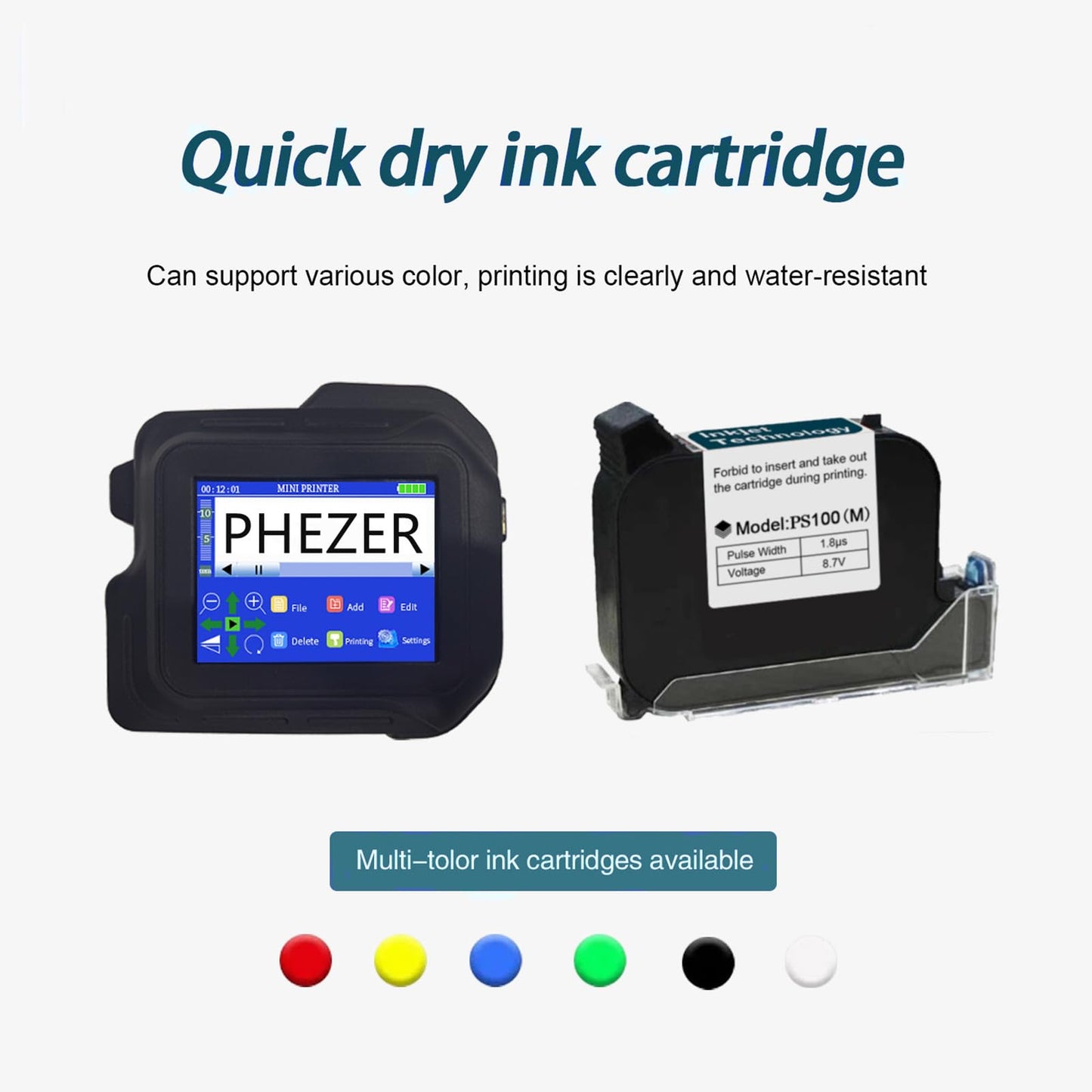 Phezer A Set PC98 Mini Inkjet Printer for Any Surface, with 2 Pcs Original Solvent Ink Cartridge (Black)