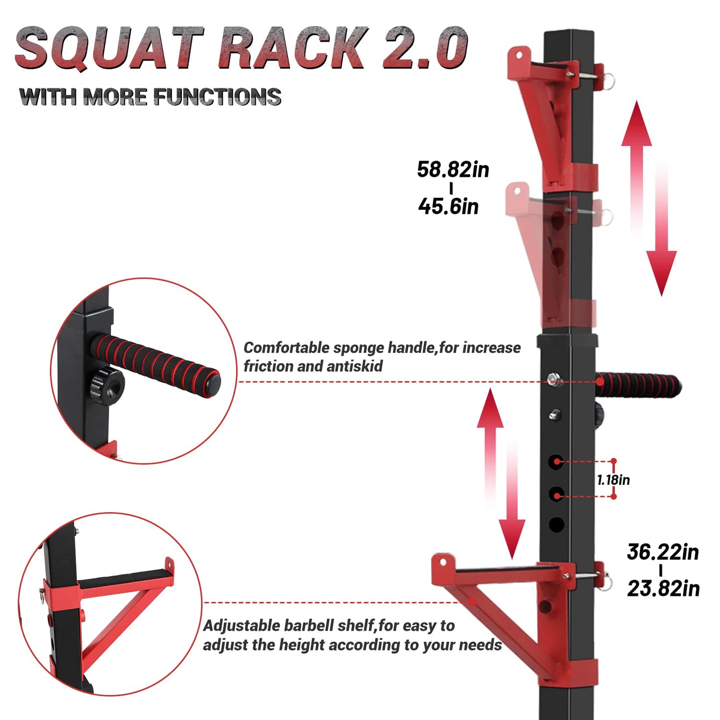 CANPA Squat Rack, Adjustable Barbell Rack Strength Training Barbell Stand with Dip Station Multi-Function Squat Stand Equipment for Home Gym Fitness 600Lbs（red）