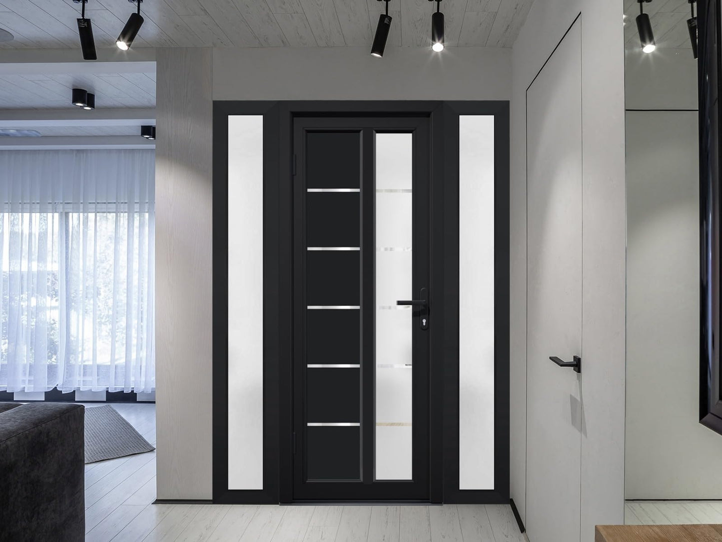 VDOMDOORS Front Exterior Prehung Fiberglass Door Frosted Glass/Manux 8088 Matte Black / 2 Side Exterior Windows/Entrance Patio Garage-W16+36+16" x H80-Right-hand Inswing