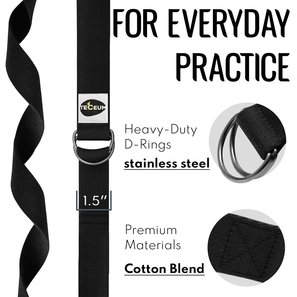TECEUM Yoga Strap & Mat Strap – 2 in 1 – Cotton – 6 ft 8 ft 10 ft (30+ Colors) – Adjustable Non-Slip Belt for Yoga, Pilates, Stretching, Physical Therapy, Fitness & Home Workout – for Carrying Mats