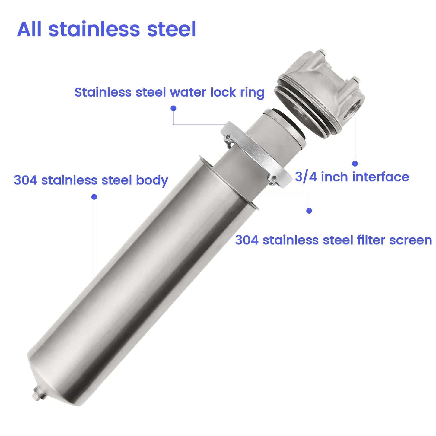 Amwater NSF/ANSI 42 Stainless Steel Whole House Water Filter Housing, 10" x 2.5" Sediment Water Filter System for Heavy Duty, Well & City Water, 3/4" NPT Port, Drain Valve Style C(Square Head)