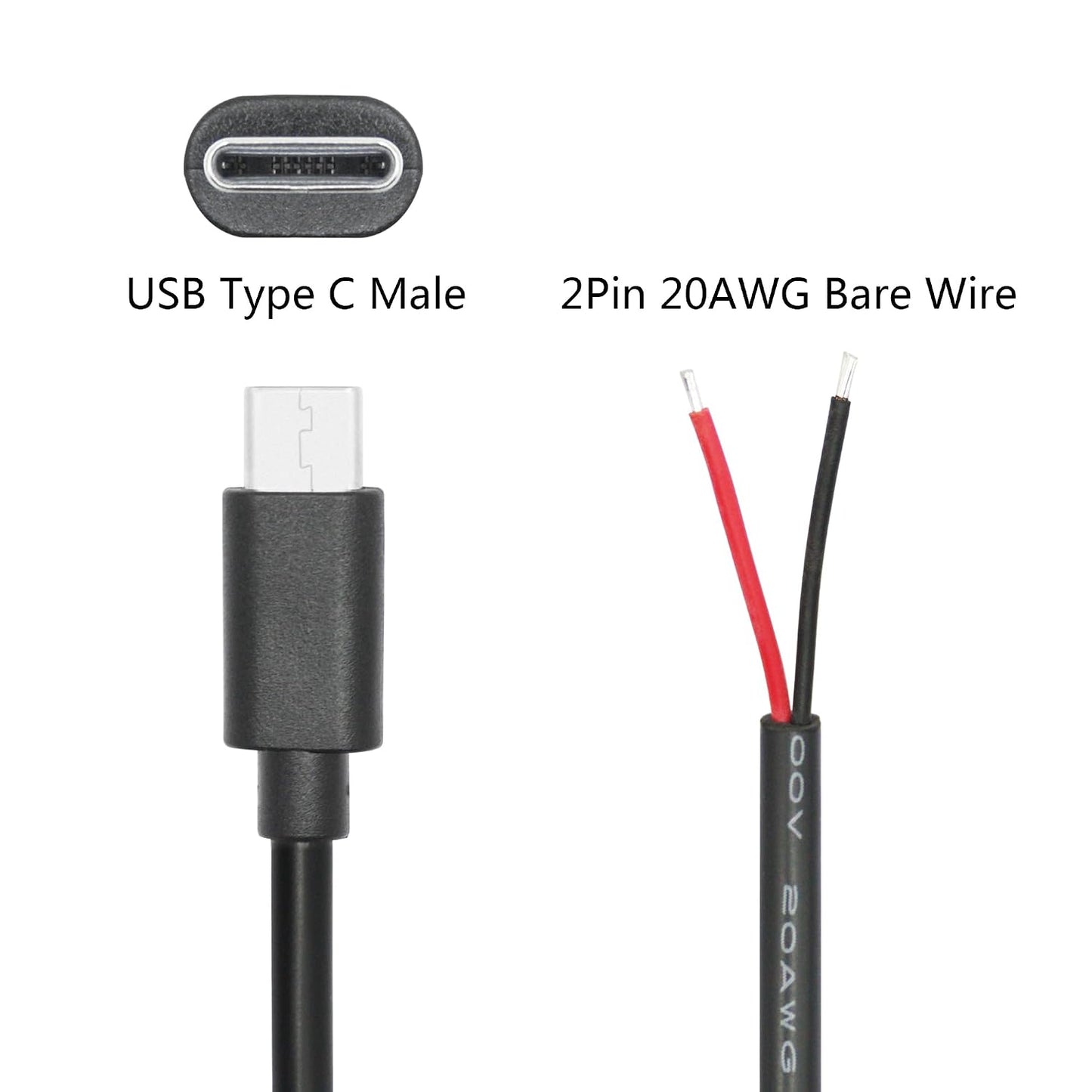 2 11inch, 5V/5A 2 20AWG, 4Pcs USB C to Pin Bare Wire Open End Power Cable USB Type C Male Plug Pin Pigtail Cable