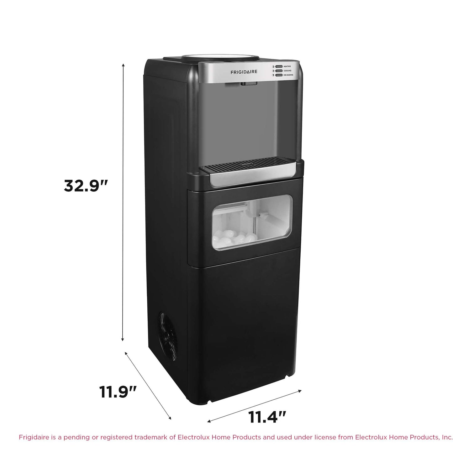 Frigidaire 3-in-1 Hot or Cold Top-Load Water Cooler Dispenser, 5 Gal Bottle, Built-in Bullet Ice Maker, Compact, Black