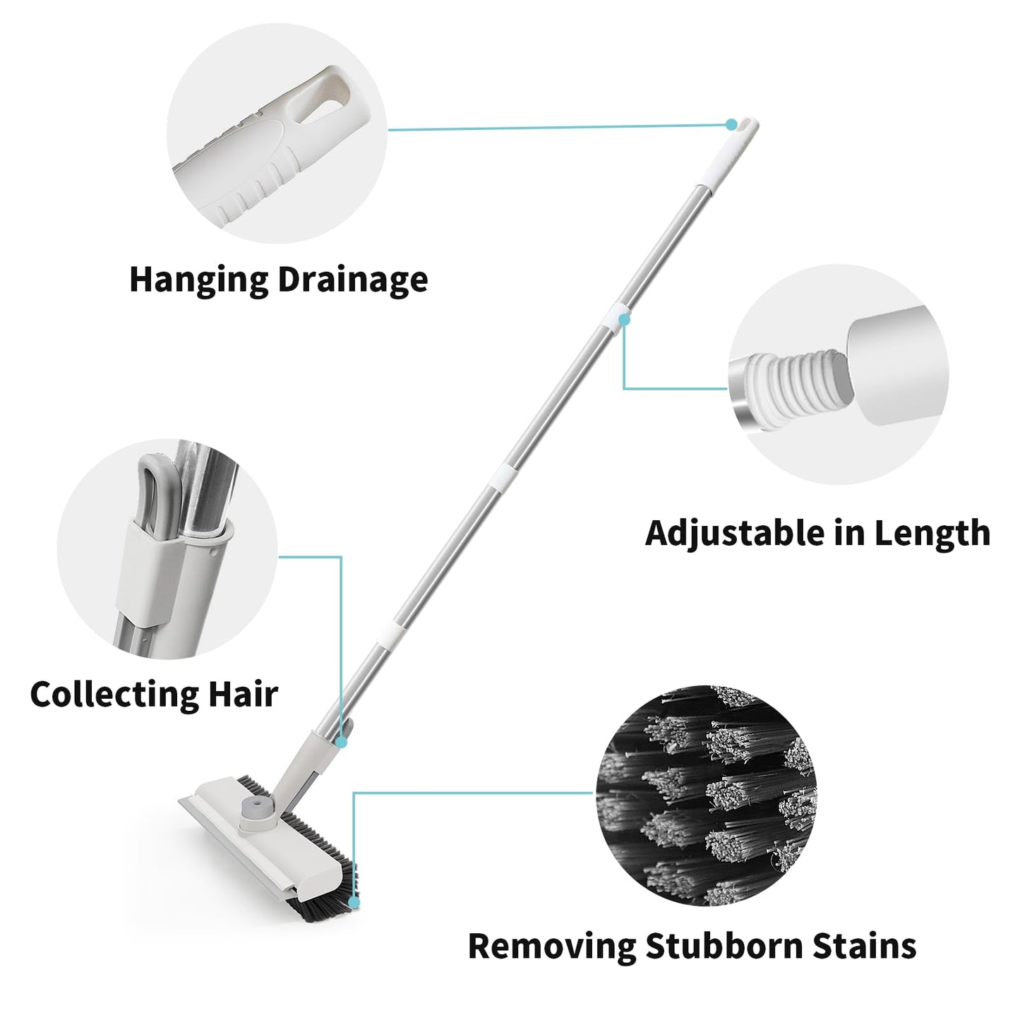 Floor Scrub Brush with Long Handle, 3 in 1 Scrape and Heavy-Duty Stiff Bristle Scrubber Brush for Cleaning Shower Bathroom, Patio, Pool, Garage, Kitchen, Wall and Deck (White, 1 Pack)
