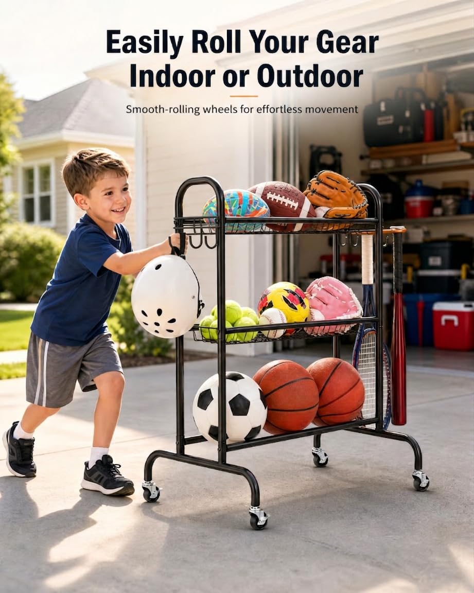 EXTCCT Basketball Racks for Balls, 3-Layer Small Ball Rack Ball Storage For Garage, Outdoor Rolling Ball Cart with Wheels, Two Basket for Basketballs Footballs Volleyball