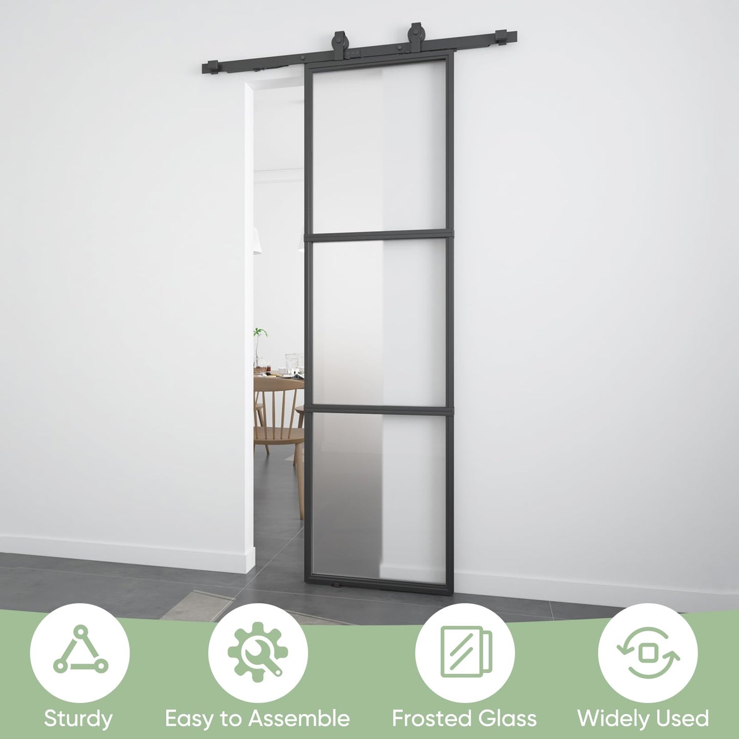 BARNSMITH 24in x 84in Frosted Glass Barn Door with 4.3FT Top Mounted Hardware kit Include Soft Close Mechanism Black Carbon Steel Tempered Frosted Glass Sliding Door, Easy Assembly