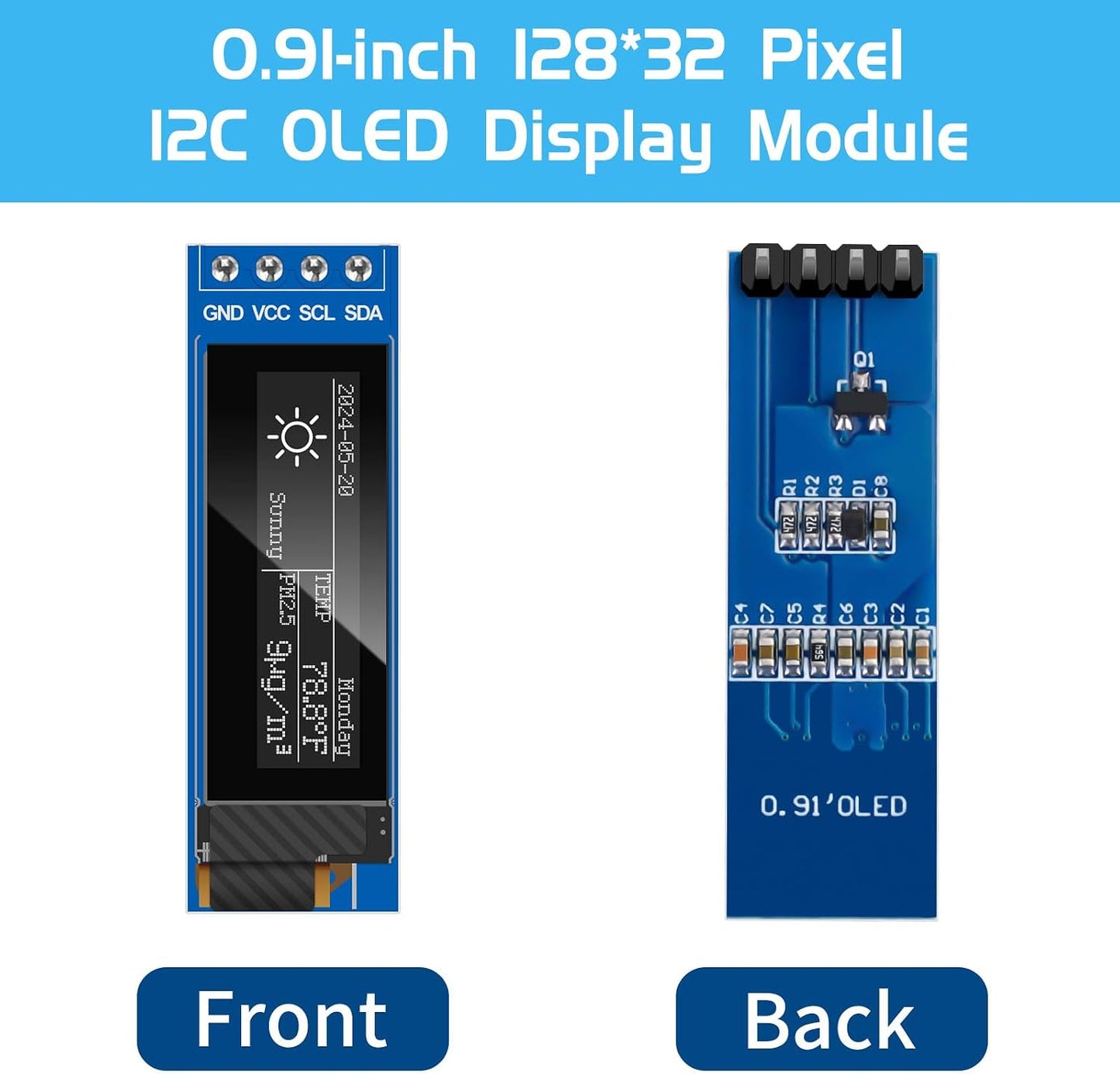 MakerFocus 5pcs 0.91 Inch I2C 128 32 SSD1306 Pi/ESP32 IIC OLED Display Module x Pixel Driver Self-Luminous Display