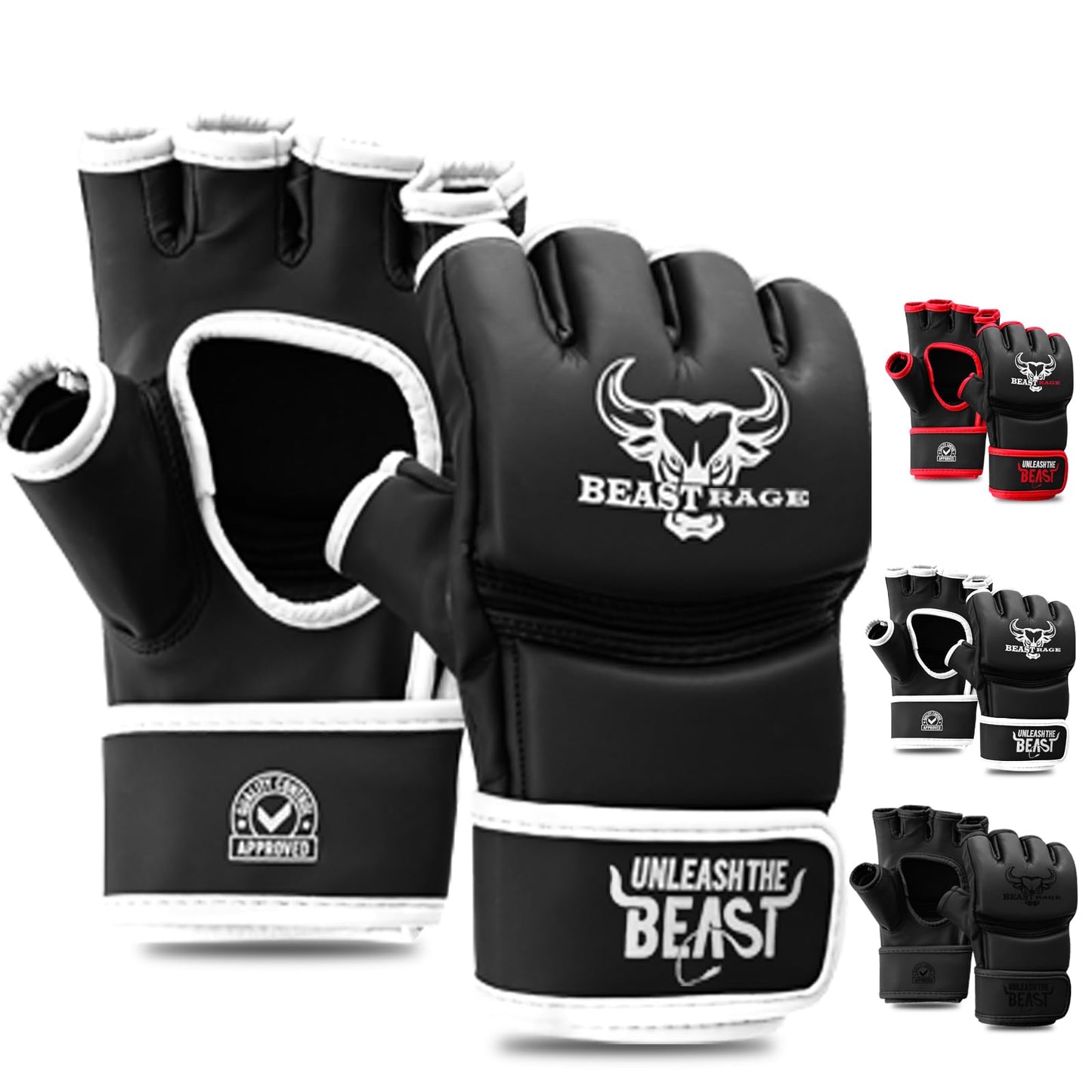 BEAST RAGE MMA Gloves for Men and Women,Martial Arts Mitts Grappling Sparring,Ventilated Palm, Vegan Leather, Cage Fighting, Muay Thai, Kick Boxing, Punching Bag, Boxing, Kickboxing (White, M)