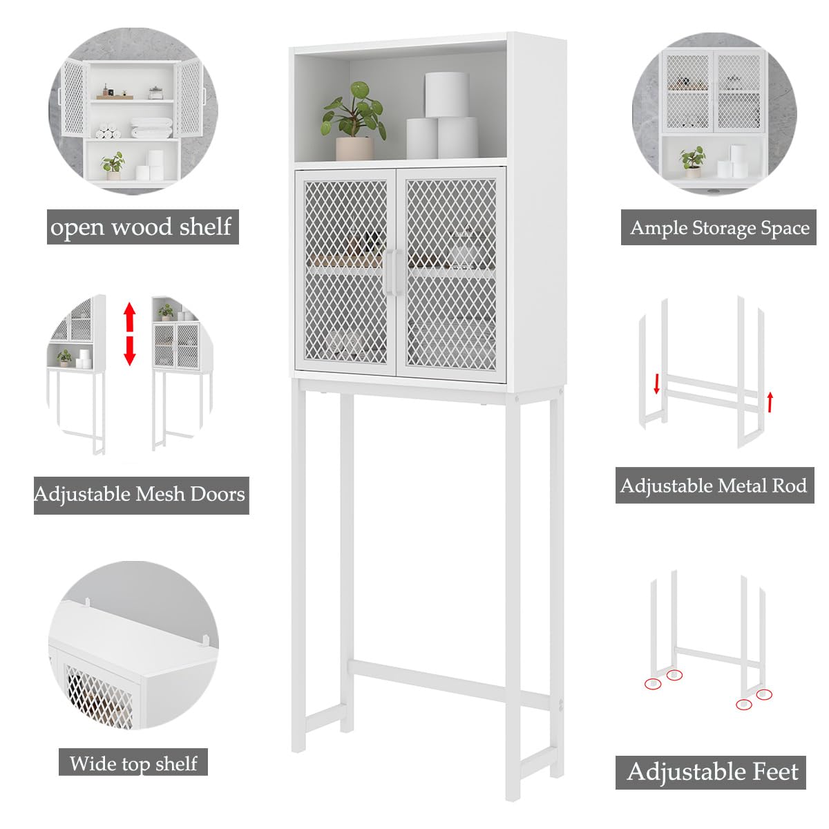 Launica Over the Toilet Storage Cabinet, Over Toilet Bathroom Organizer with Mesh Doors and Shelves, Freestanding Bathroom Storage Cabinet Above Toilet, Wood and Metal, White Oak