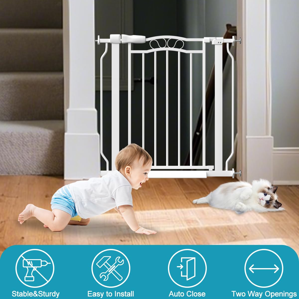 THEYFIRST Extra Wide Baby Gate for Doorways 53.1"-62.6", Pressure Mounted Dog Gates With Door, Child Safety Barrier Walk Thru Indoor, Large Babygate Long for Kids Toddler Pet Outside, 30 In Tall White