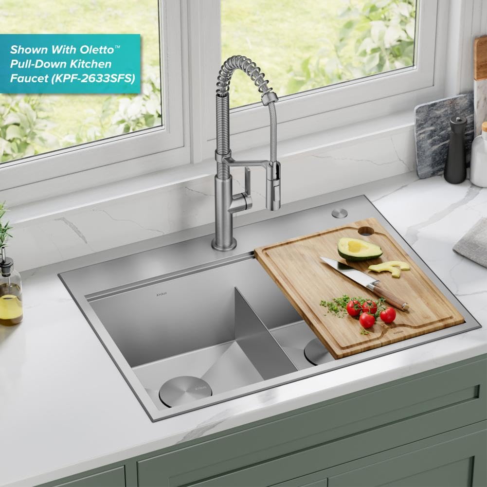 KRAUS Kore 30-Inch Drop In/Top Mount Workstation 16 Gauge 50/50 Double Bowl Stainless Steel Kitchen Sink with Accessories, KWT302-30