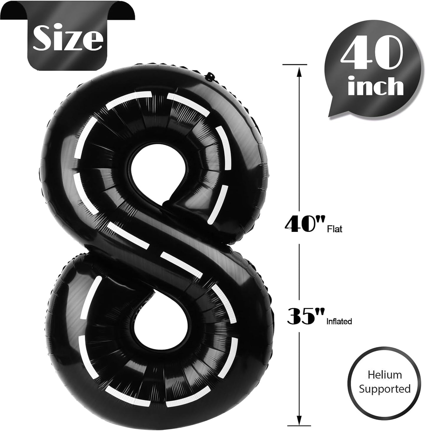 Race Car 8 Balloon - 40 Inch Number Balloon for 8th Birthday | Black Racing Party Decorations