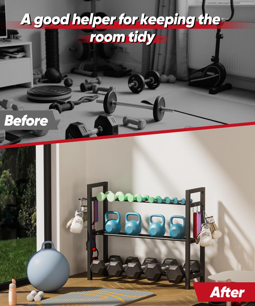 Ansionsol Adjustable Dumbbell Rack, Weight Storage Stand Holder for Dumbbells & Kettlebells, Heavy-Duty Metal Home Gym Workout Organizer with Hook for Gym Equipment Accessories (Rack Only)