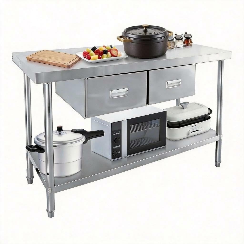Stainless Steel Table with 2 Drawers, 48" x 24" Prep Table for Commercial Kitchen, Heavy-Duty NSF Work Tables Workbench with Adjustable Undershelf for Home Kitchen Restaurant Garage Warehouse