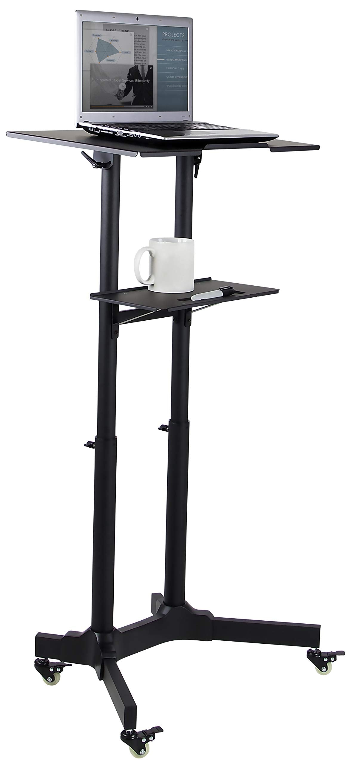 Mount-It! Mobile Podium Stand with Wheels, Adjustable Height Rolling Lectern, Portable Standing Desk with Tilted Shelf and Storage for Office, Classroom, and Presentations
