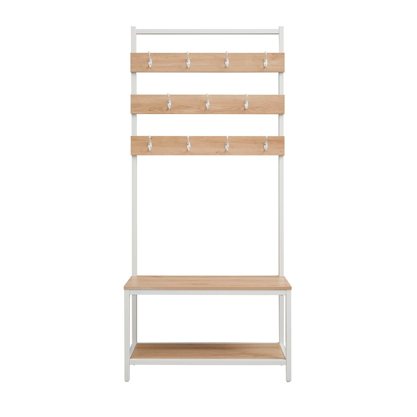 Linon Shaymus White Metal Hall Tree with Natural Wooden Topped Bench and Shelf with Multiple Hanging Hooks