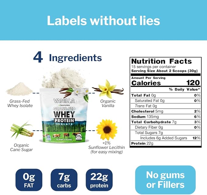 Opportuniteas Grass Fed Vanilla Whey Protein Isolate Powder - 22g Protein Powder Without Artificial Sweeteners, Hormone-Free Cows, Non GMO - 5lb