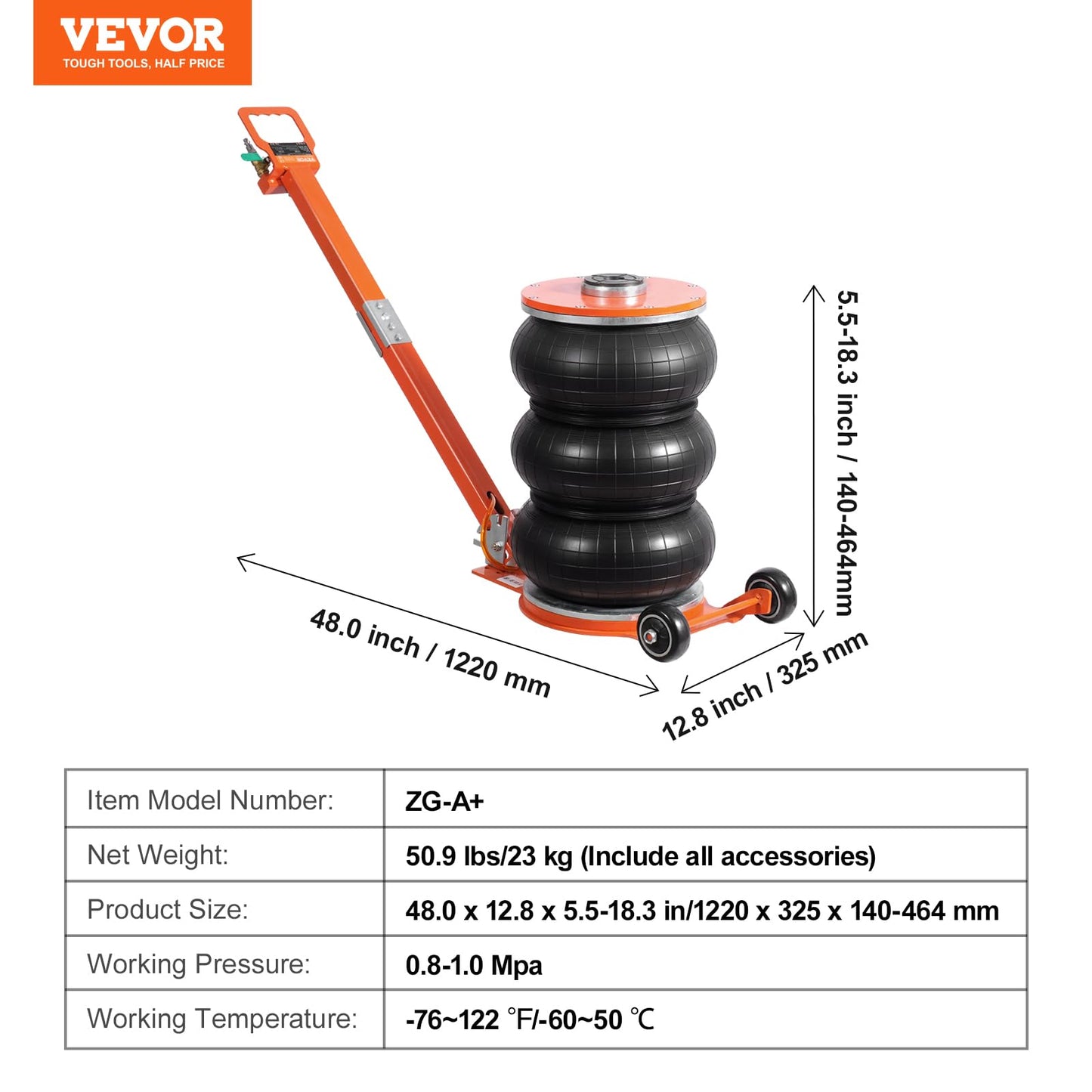 VEVOR Air Jack, 5 Ton/11000 lbs, 4-10 S Pneumatic Lifting Jack with Heightened Column & Adjustable Handle, Easy-to-Lift & Space-Saving Jack with Thick Rubber Pad, Fits for Sedan, SUV, Pickup Truck