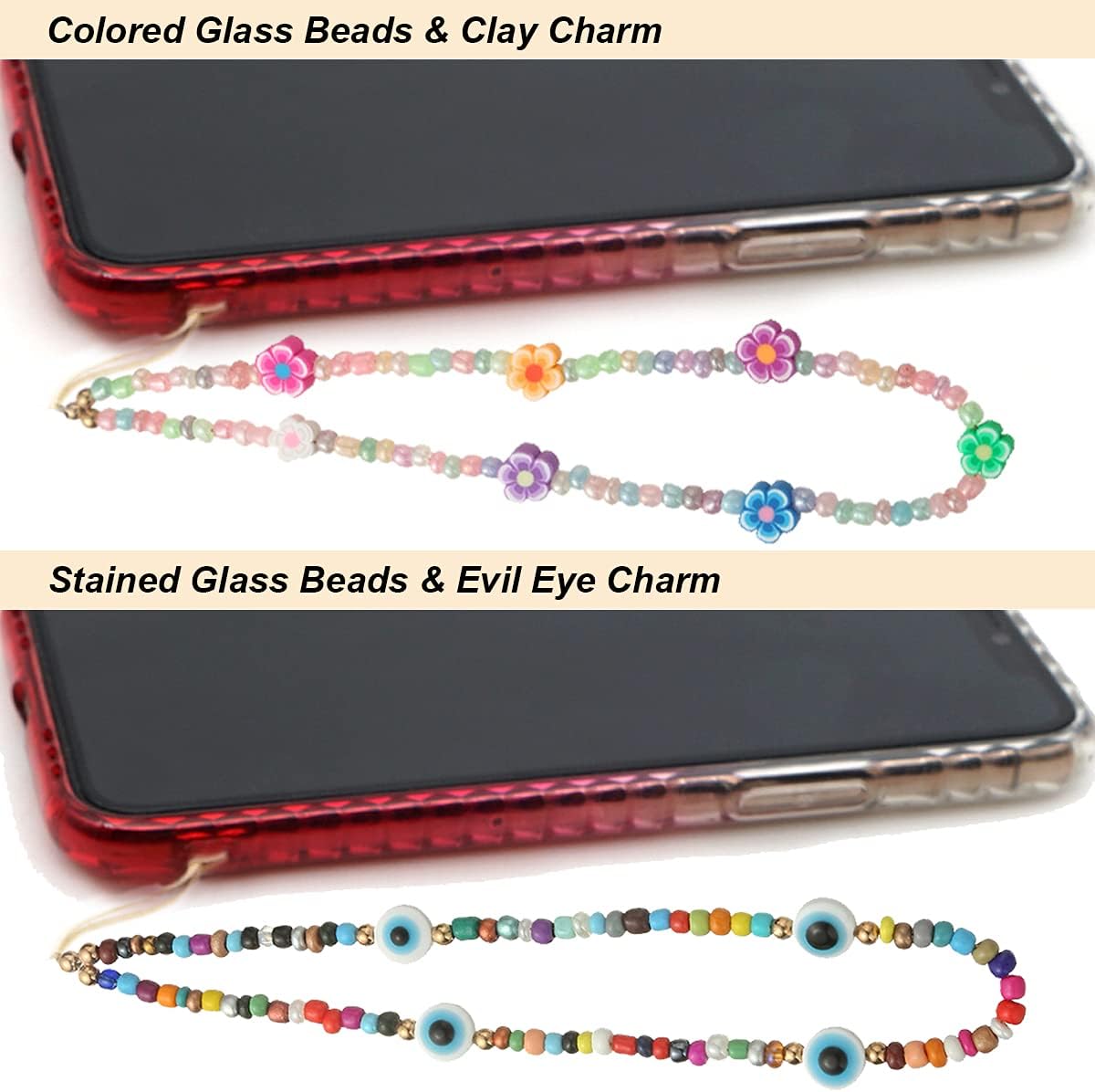 6PCS Taouzi Beaded Phone Charms Strap Fruit Star Faux Pearl Rainbow Beads Phone Chains Beaded Lanyard for Camera Key