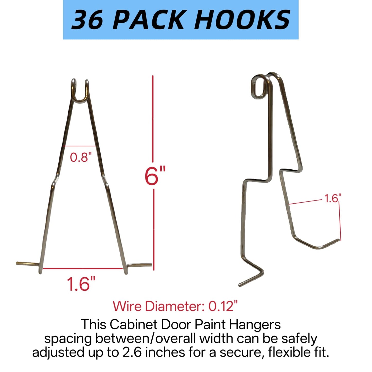 Upgrade 36 Pack Heavy-Duty Cabinet Door Painting Hangers, 6" Long Stainless Steel Paint Drying Rack Hooks with High-Tension Grip, Anti-Drop & Anti-Twist No-Drill Brackets for Pro Woodworking