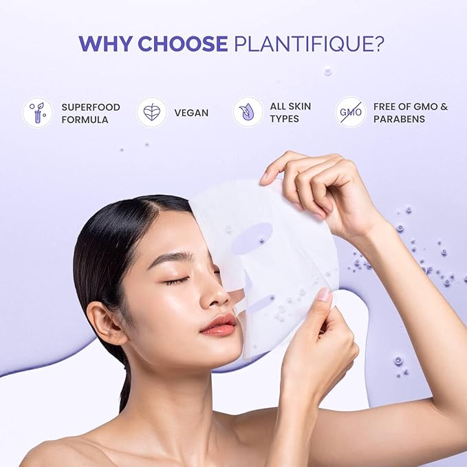 PLANTIFIQUE Facial Sheet Mask Collagen Boost 5 Pack ??Anti-Aging & Firming Face Mask Sheets with Collagen, Coenzyme Q10 & Blueberries ??Korean Skincare for a Smooth, Revitalized Look