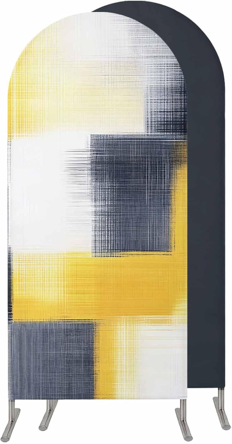 Jnbasdffb 7.2 Abstract Yellow Black Wedding Arch Cover,Stretchy Spandex Arch Backdrop Stand Covers FT,Vintage Geometric
