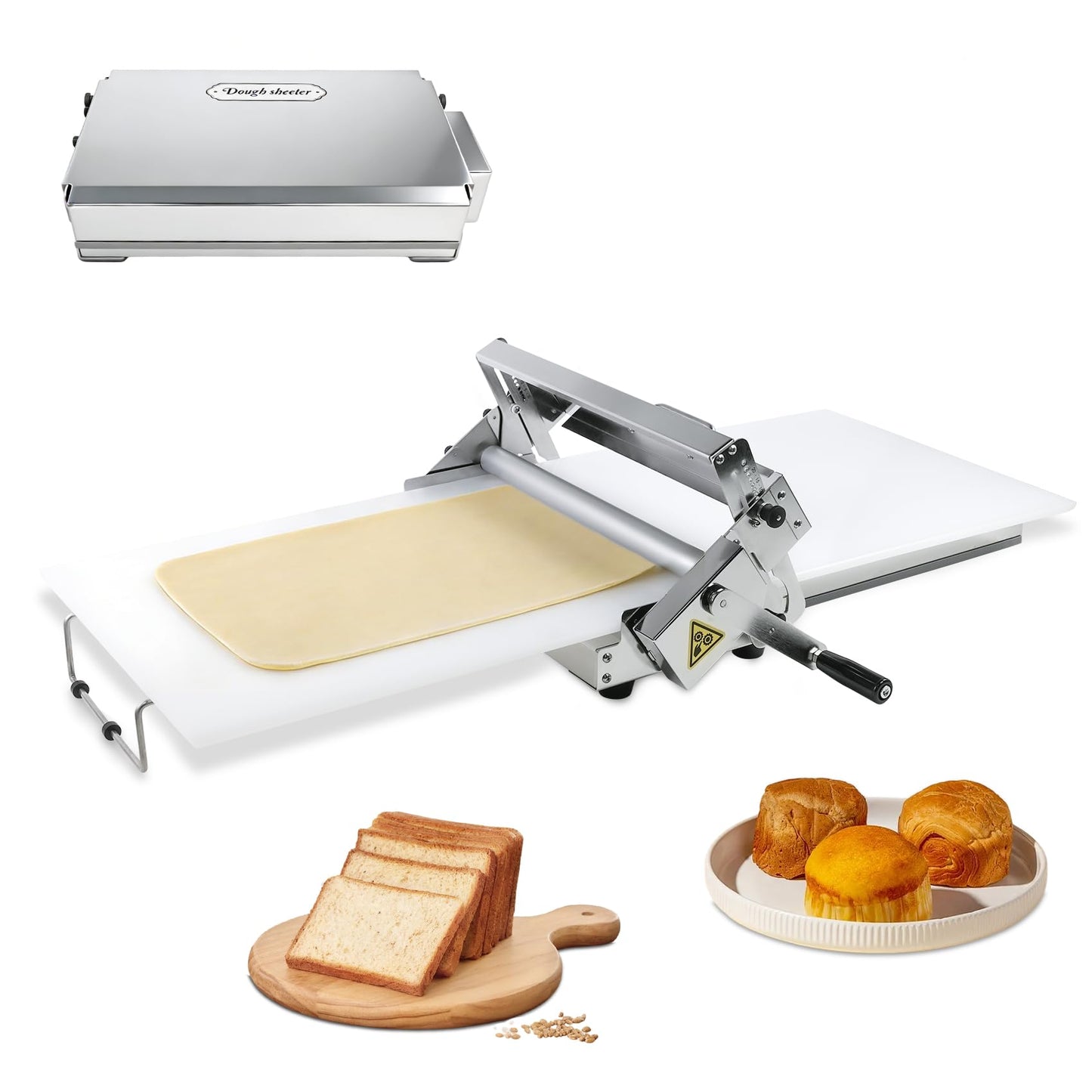 Folding Dough Sheeter (15.5")，Dough Sheeter，Manual Dough Sheeter，Commercial Dough Roller Sheeter，55 thickness options，Suitable for pizza, croissants, puff pastry, Stainless Steel（1 Rolling Boards）