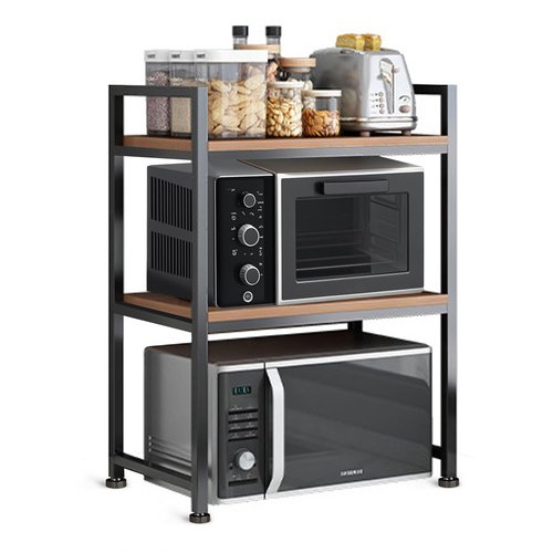 Microwave Stand, Heavy Duty 3 Tier Microwave Shelf for Kitchen Shelving Countertop Organizer. Carbon Steel, Wood Panel, Sturdy and Not Shaking Kitchen Rack That Can Withstand 200 Lbs Weight