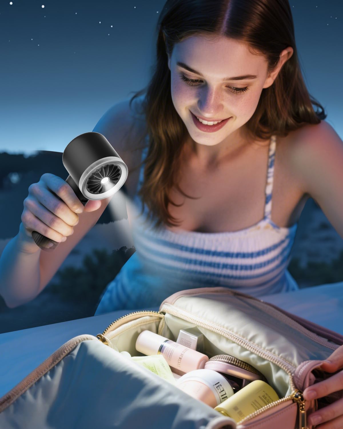 Sweetfull Portable Handheld Fan - Rechargeable Mini Turbo Fan with Flashlight & Digital Display | Black