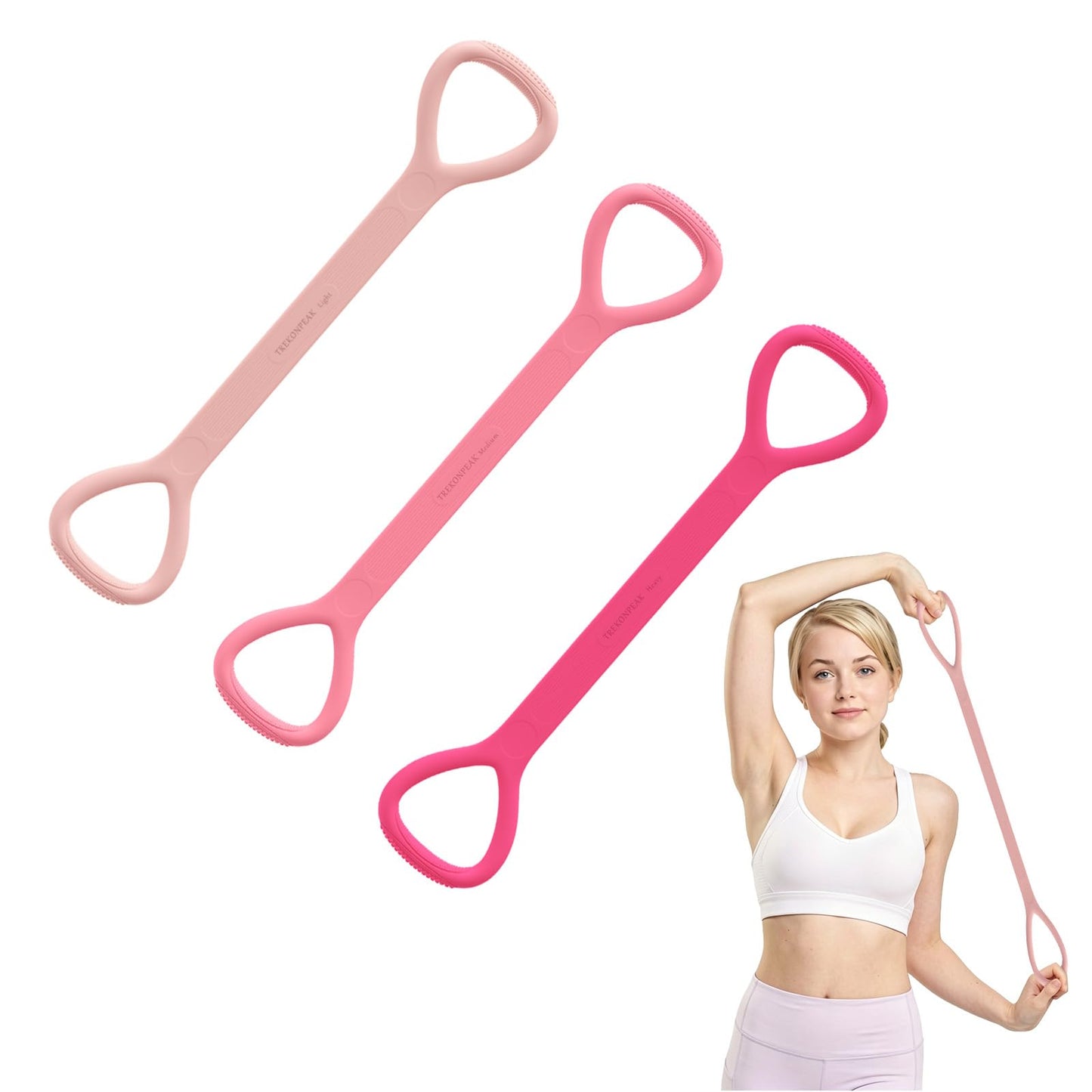 TREKONPEAK Figure 8 Resistance Bands, 3 Packs Upgraded Silicone 8-Shaped Exercise Band for Women Arms Shoulder Back Legs Stretching Pilates Yoga (Extended Version: 15Lb & 25Lb & 35Lb)