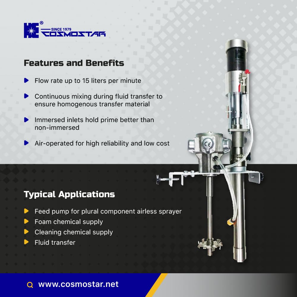 COSMOSTAR P0204 2:1 Oil/Chemical Pneumatic Transfer Pump 5 Gallon U Shape Cover Mounting with M0707 Agitator Mixer, Paint Circulation Series, (Stainless Steel, 5 Gallon Drum, Paint Mixing)