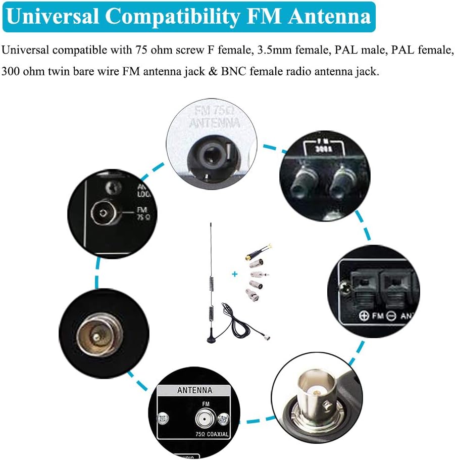 Fancasee 75 3.5mm 75 300 Universal FM Antenna Magnetic Base Ohm Screw F Male Plug with PAL BNC & to Ohm Adapter