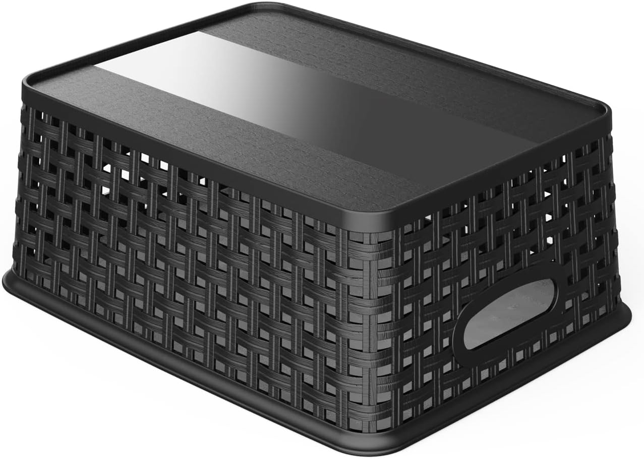 WYT Plastic Small Shelf Storage Baskets - 12-Pack Weave Design for Organizing | Black