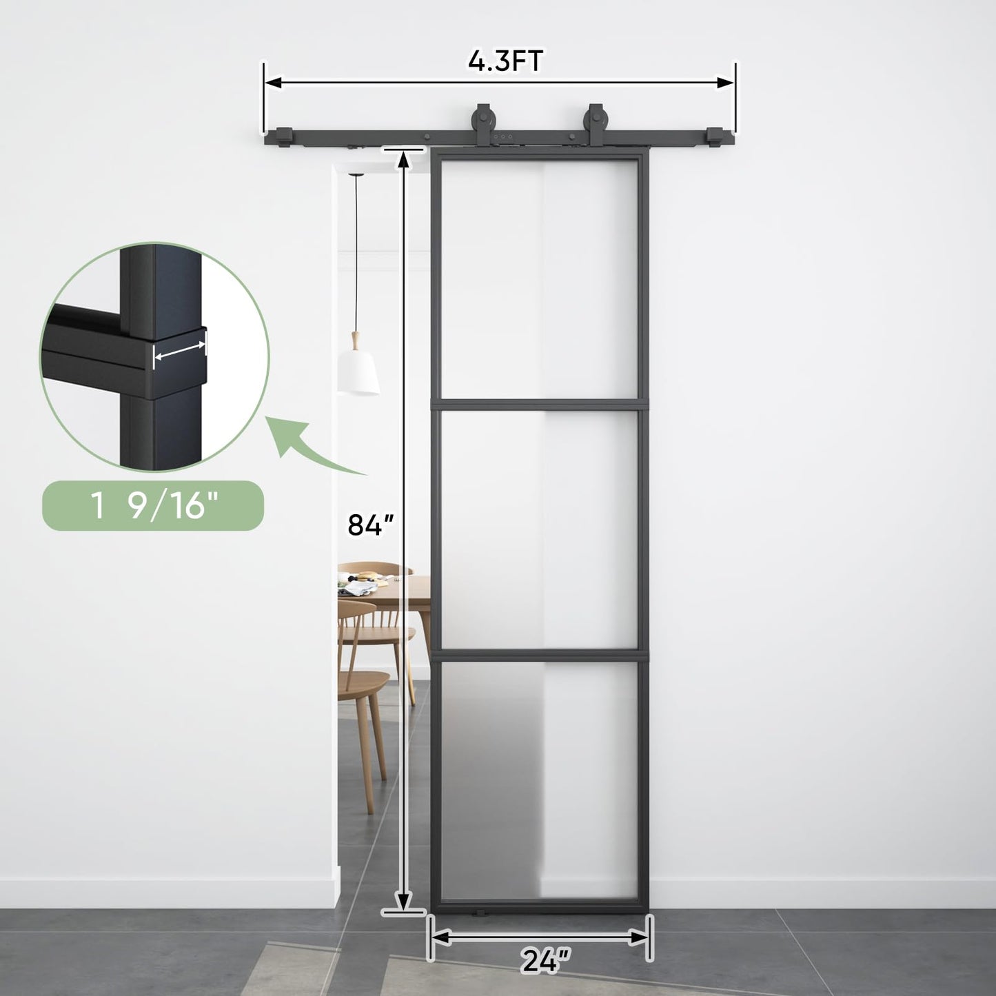 BARNSMITH 24in x 84in Frosted Glass Barn Door with 4.3FT Top Mounted Hardware kit Include Soft Close Mechanism Black Carbon Steel Tempered Frosted Glass Sliding Door, Easy Assembly