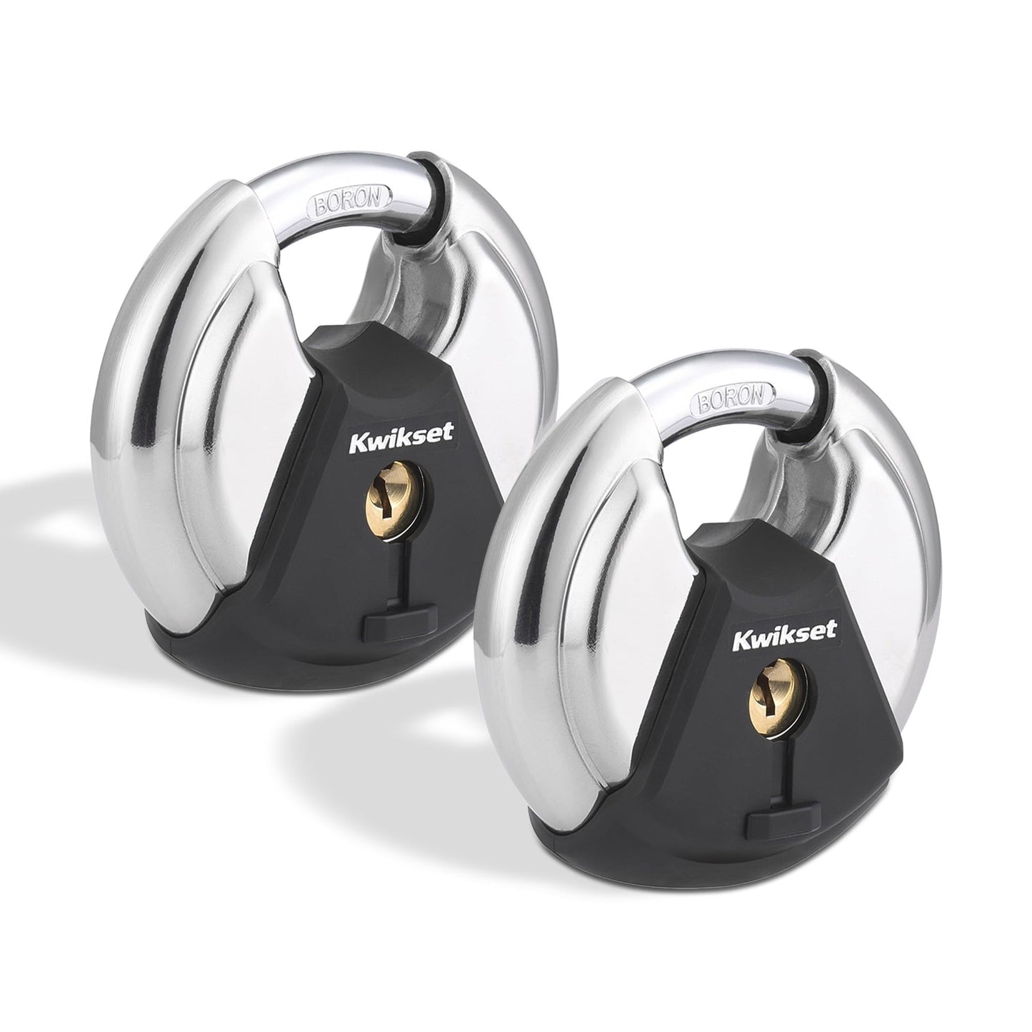 Kwikset Discus Padlock with Boron Carbide Shackle, High Security Outdoor Storage and Gate Lock, 2-3/4 in Body, 2 Pack Keyed Alike, Silver