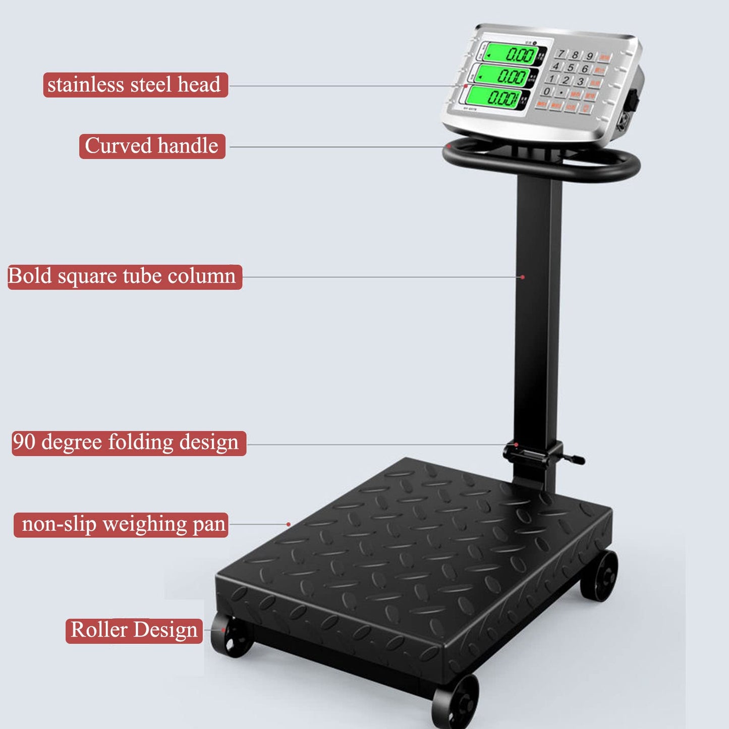 CXWAWSZ 660lb Industrial Floor Platform Scale with Wheels Computing Digital Scale with Accurate LB/KG Price Calculator High Definition Displa Foldable for Weighing Luggage Package Shipping Mailing