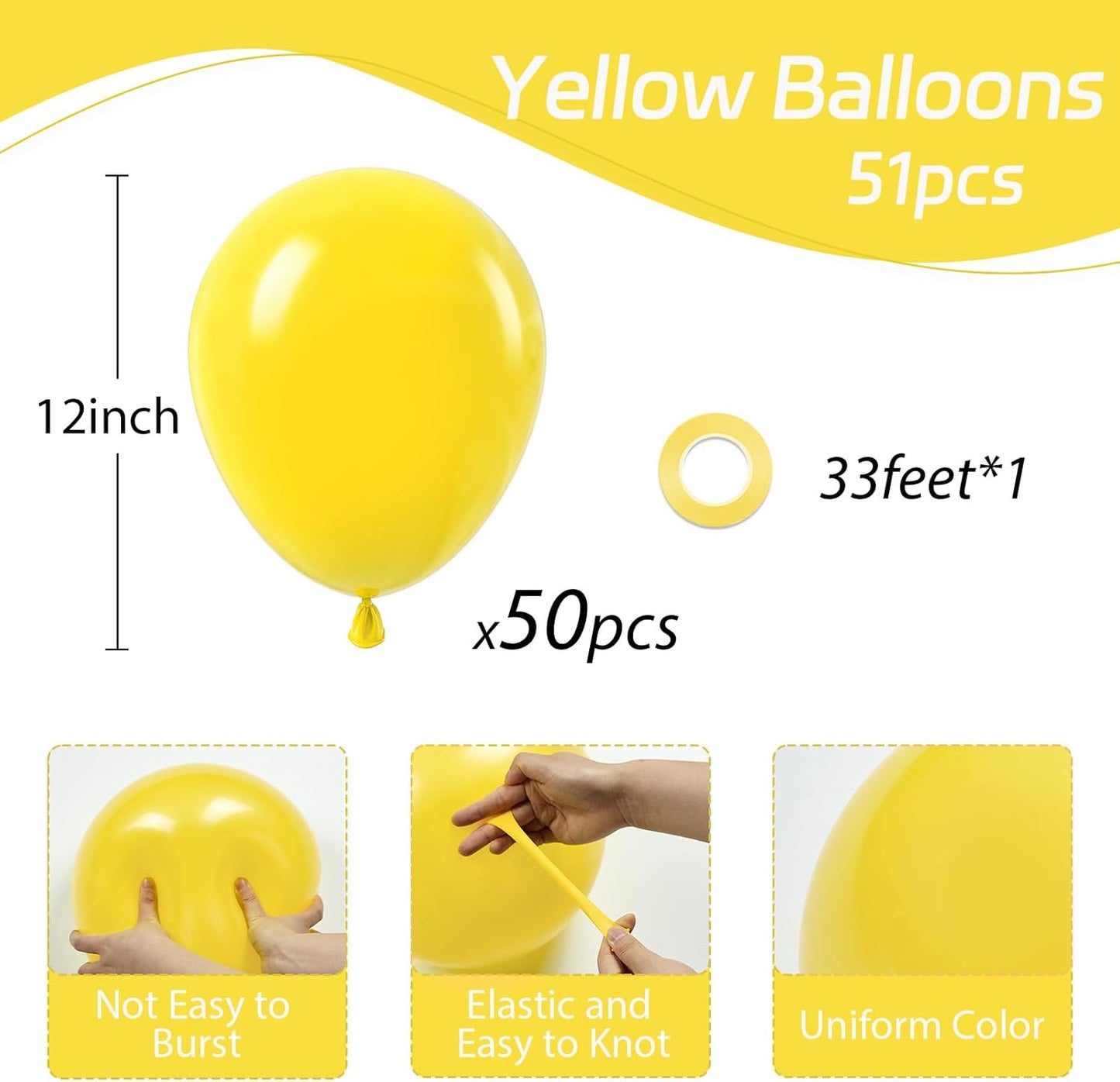 Awenztech Yellow Balloons - 12 Inch Latex Balloons | 50 Pack for Baby Showers & Birthday Parties