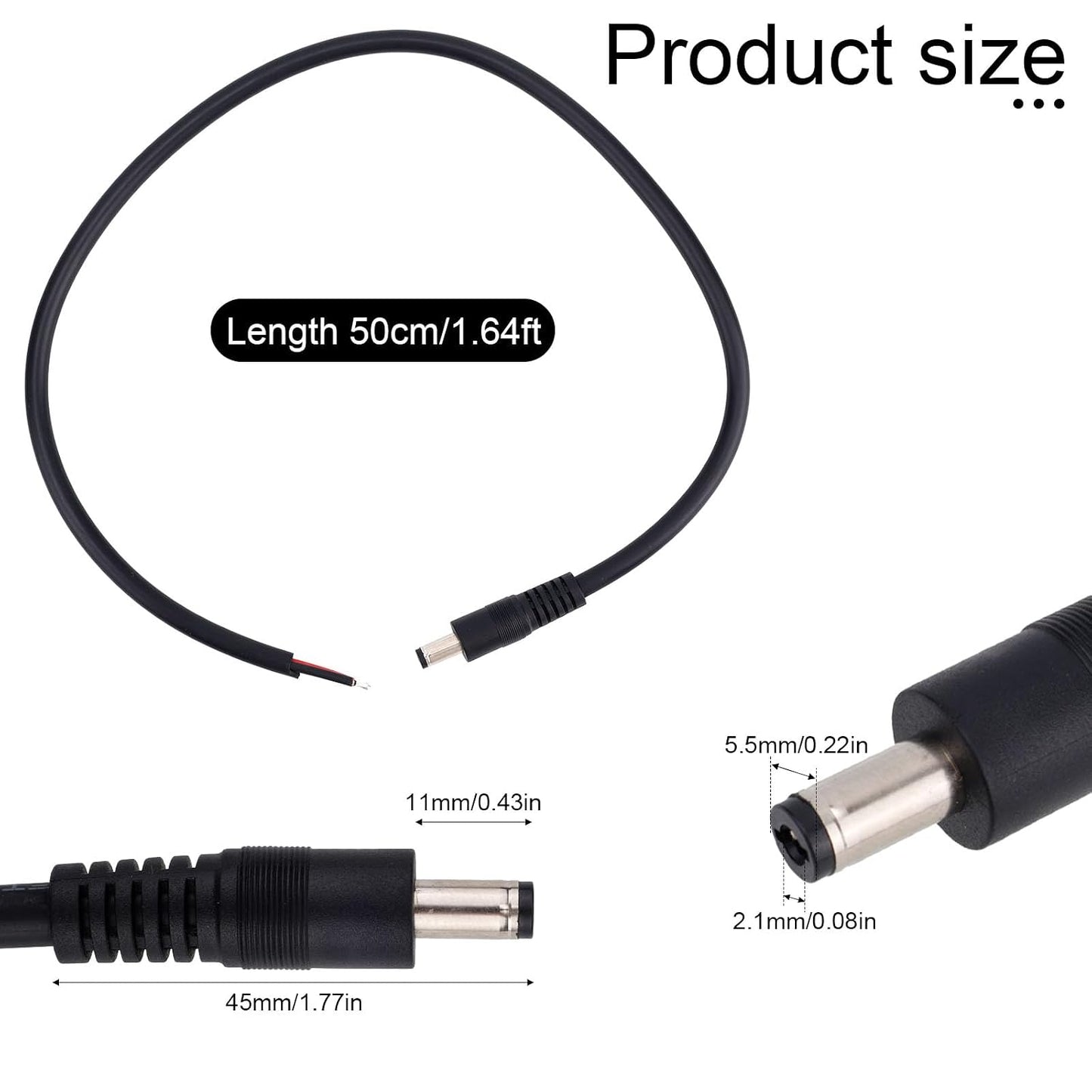 BTFO 4pcs DC5521 16AWG 36V 5.5 2.1mm (50cm/1.64ft Power Pigtails Cables, x DC Male Plug to Bare Wire Open End Cables