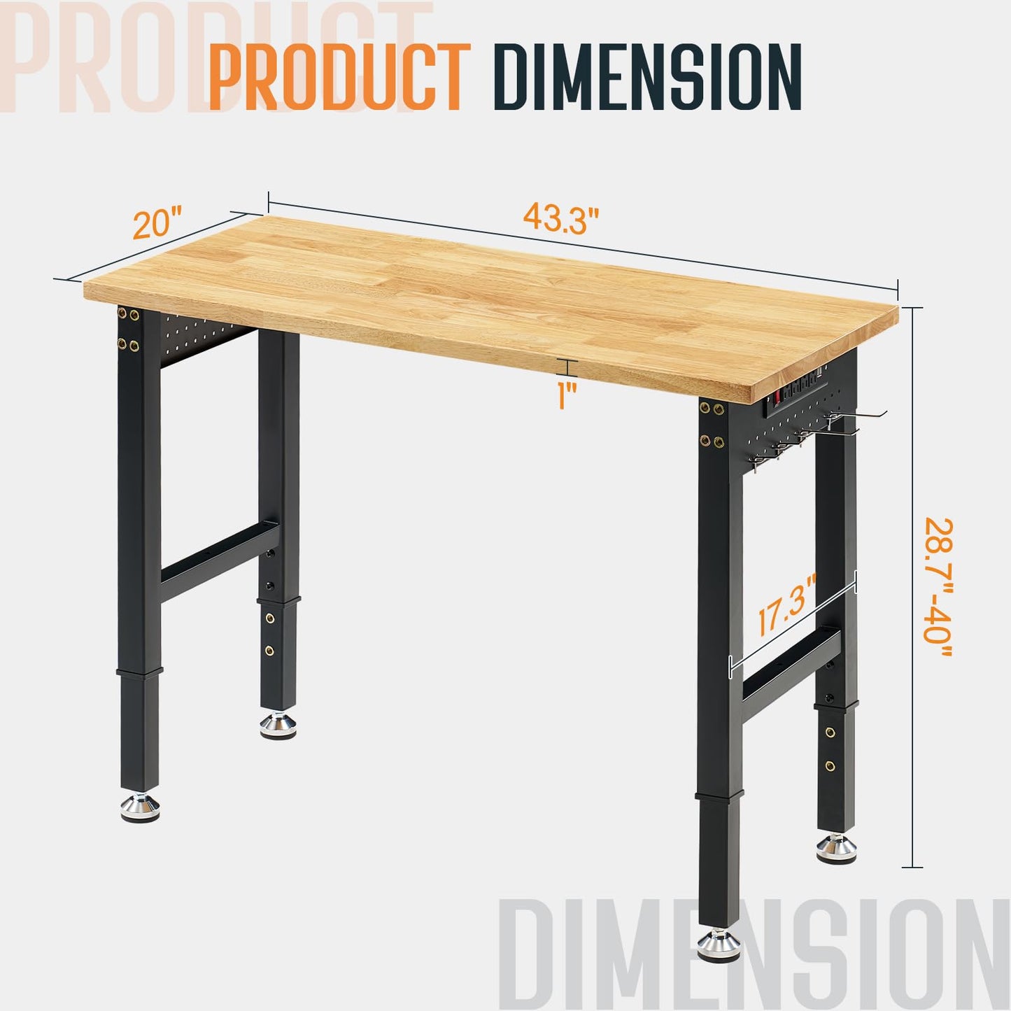 SPECRAFT Adjustable Heavy Duty Workbench with 4 AC Outlet and 2 USB Ports Power Outlets, 2000 Lbs Capacity, Rubber Wood Top for Garage, Workshop, Office