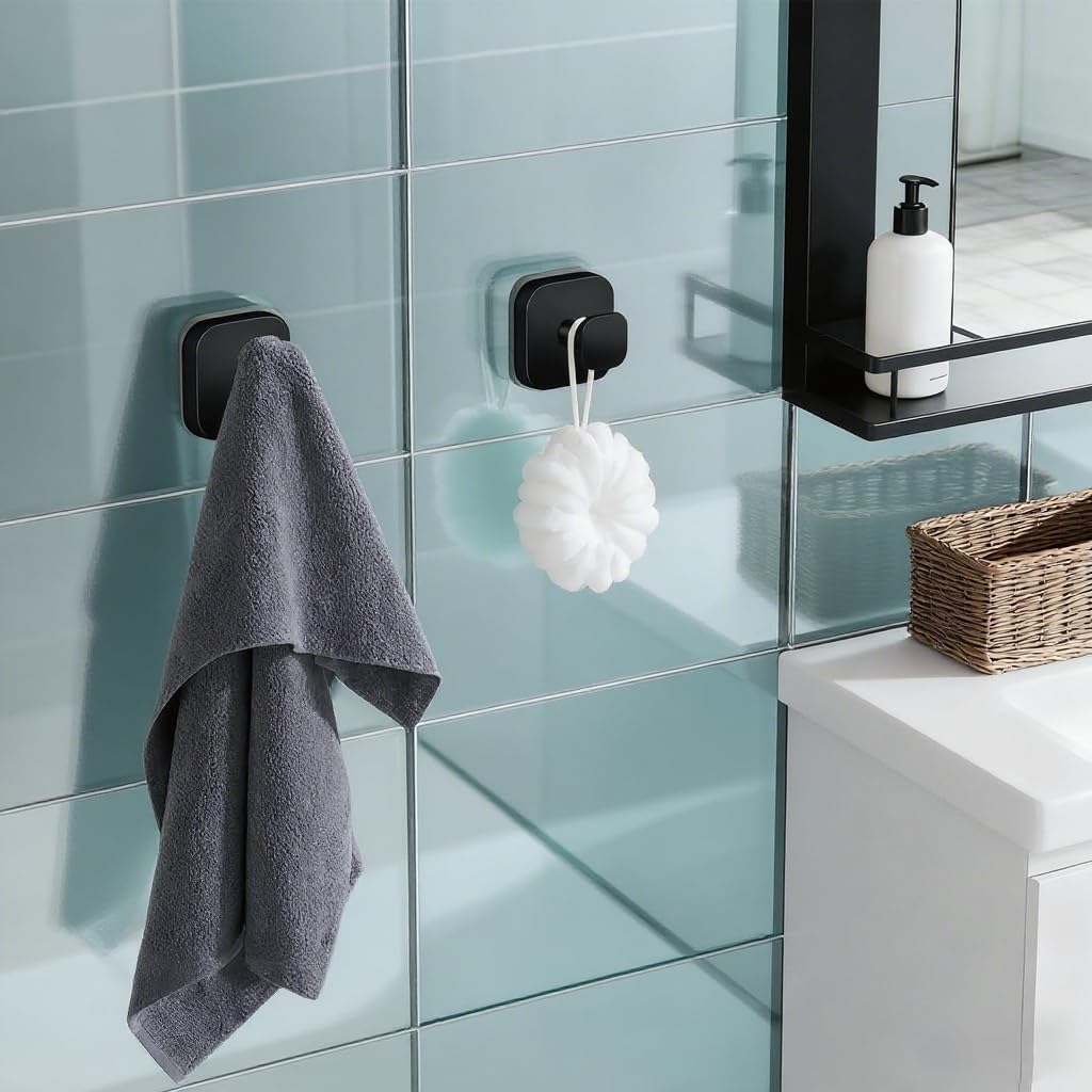Fliverly Suction Cup Hooks for Shower,Heavy Duty No-Drill Removable & Reusable Hooks,Strong Hold Metal Towel Robe Loofah Hanger for Bathroom Kitchen Glass Mirror Tile Smooth Surfaces (Black,4 Packs)