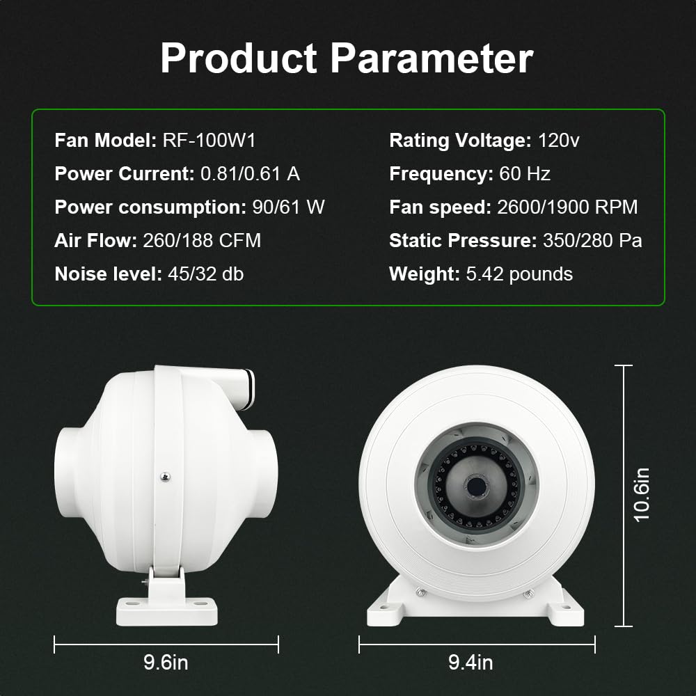 Dcfairfan 4 Inch Radon Fan, Quiet 2 Speed 260/188CFM Radon Mitigation System Inline Duct Fan IP67 Waterproof, High Airflow Exhaust Fan for Indoor Outdoor Air Ventilation