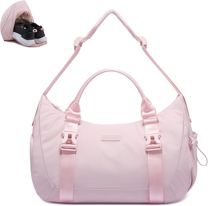 LOVEVOOK Gym Bag for Women, duffle bag for travel with shoe compartment, Small Gym Tote Dry Wet Separation, Multipurpose Weekender Overnight Bag, Lightweight Carry On Bag, Light pink