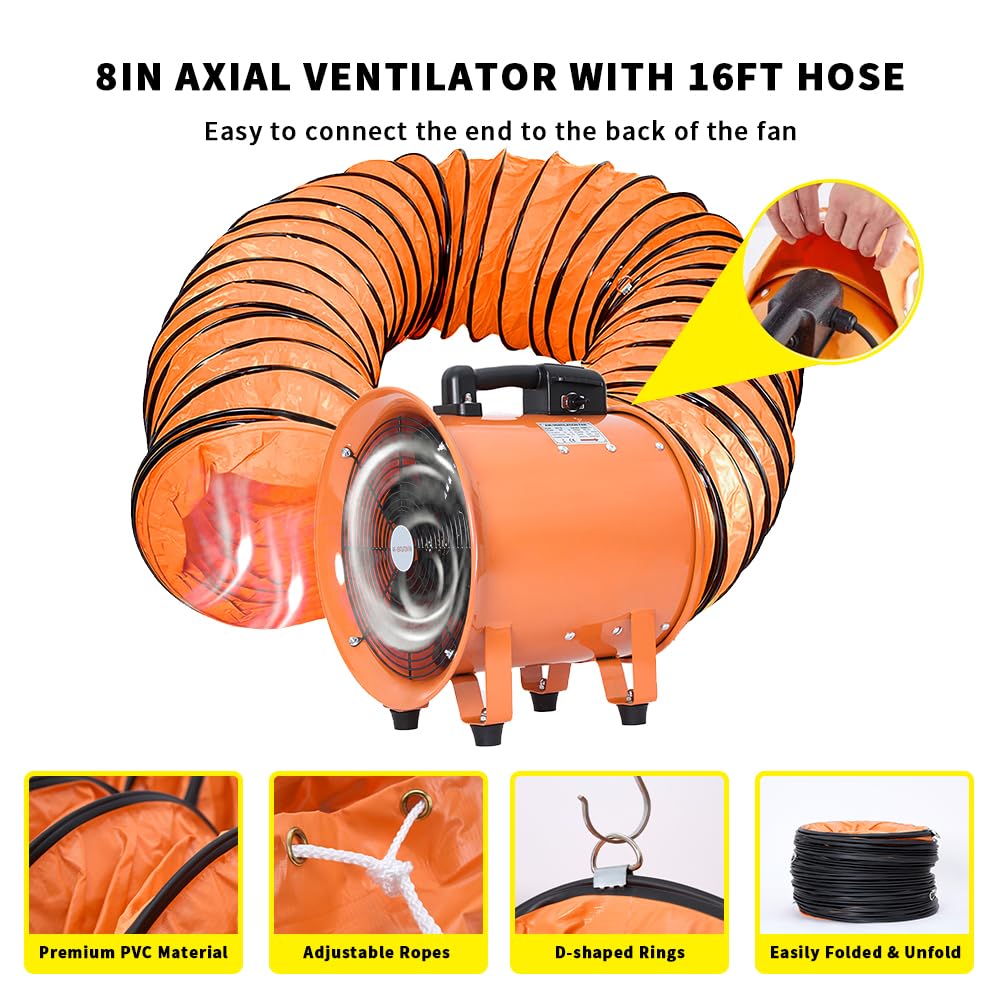 Utility Blower 8 Inch, High Velocity Ventilator With Duct Hose, Low Noise Portable Fan, Fume Extractor for Exhausting & Ventilating at Home and Job Site (8IN Fan+16FT Hose)